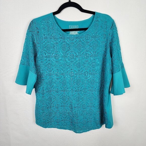 Van Huesen Mixed Media Lace Front Bell Sleeved Top L - Picture 1 of 6